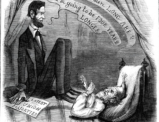 Political cartoon depicting Jefferson Davis in bed and Abraham Lincoln sitting on him. Jefferson Davis is saying 
