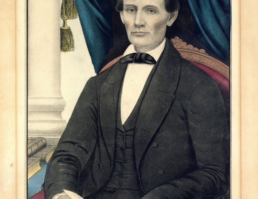 Color print depicting Lincoln seated in a chair, with his name and title below.