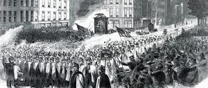 Illustration depicting a procession of Wide Awakes on the streets of New York