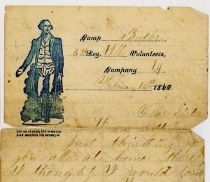 Section of a letter from James R. Page to his family. The address reads, "Camp Butler, 5th Reg. Ills. Volunteers, Company C, February 16, 1862." The top corner of the letter has a stamped image of George Washington.