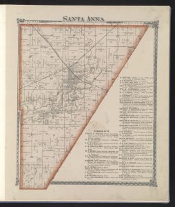 The image is a map of the triangular Santa Anna township in 1875, with Farmer City at the center of the township. 