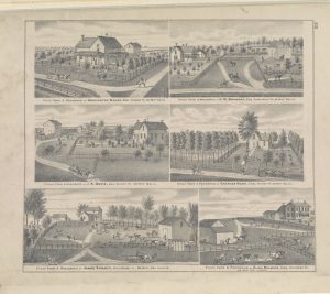 This image shows a set of houses and farms in Farmer City at the time of the 1875 Atlas. These houses belonged to some of the prominent families of the town. This is also the banner image. 