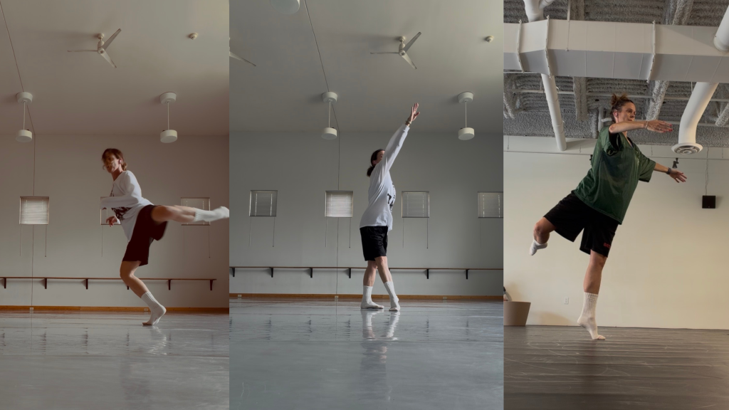 Three photos of dancers in a dance studio, mid-pose, part of choreographic research.