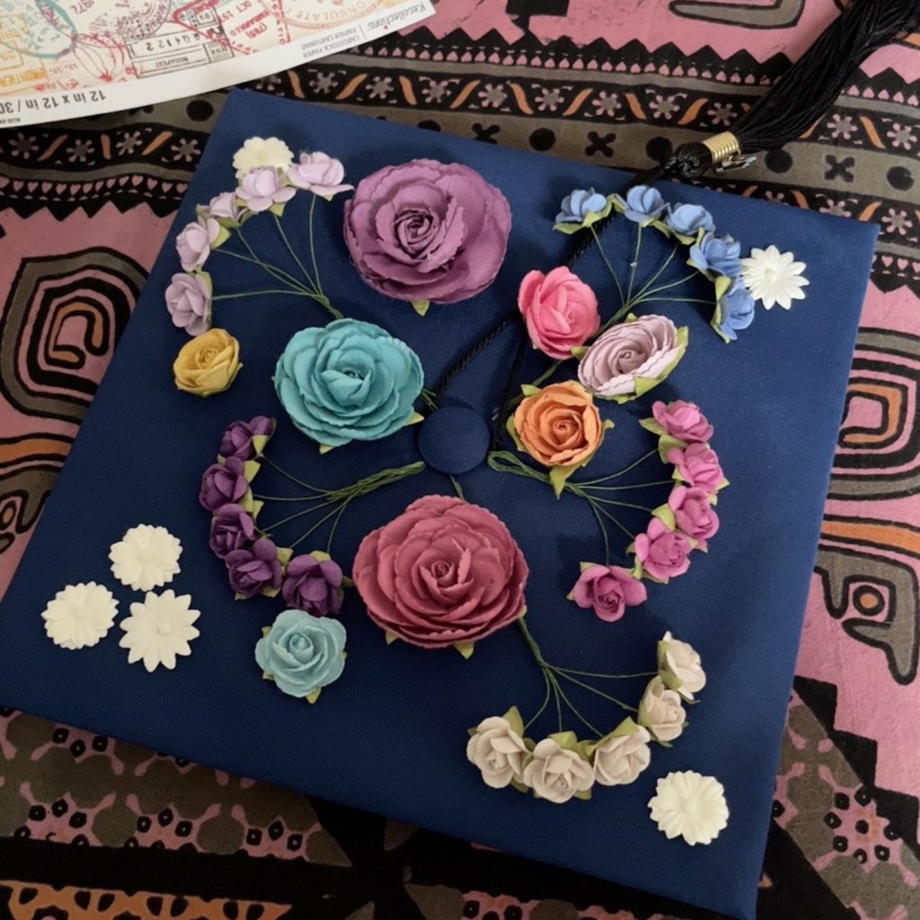Image of Wardah's graduation cap, decorated with flowers in various colours.