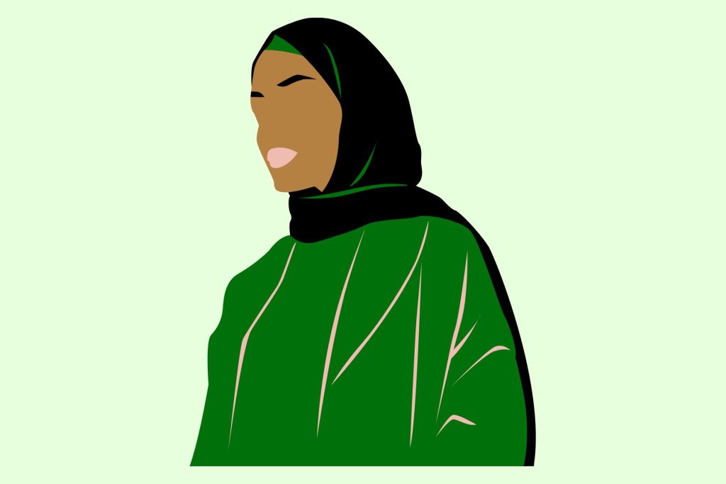 A graphic of a brown-skinned hijabi wearing green.