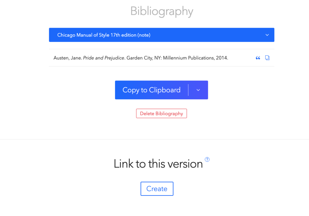 Image of ZoteroBib showing how to select particular citation styles and how to copy and paste the generated bibliography.