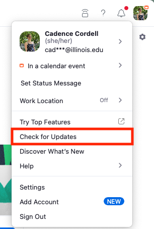 Drop-down menu underneath profile image in Zoom. "Check for updates" button is highlighted. 