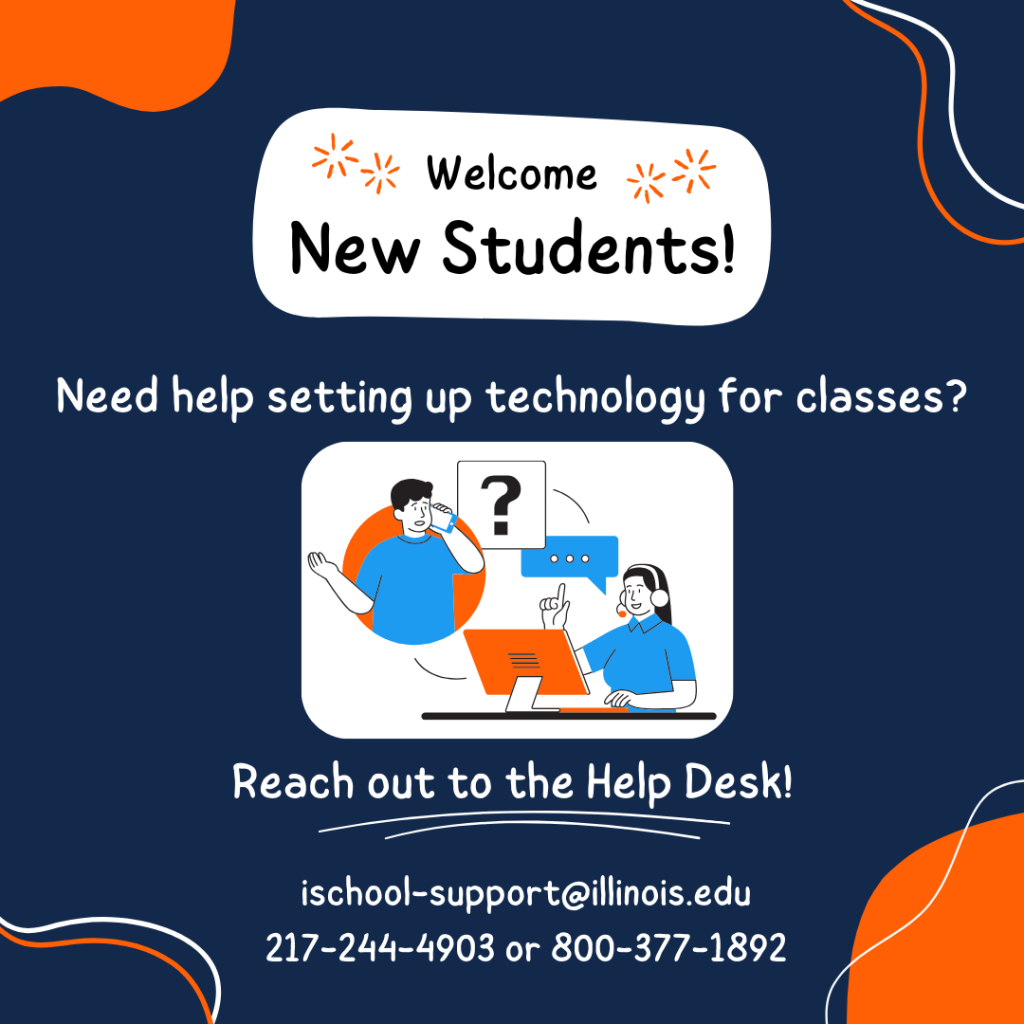 Welcome new students! Need help setting up technology for classes? reach out to the Help Desk! Image of person calling staff for help against a navy blue background. 