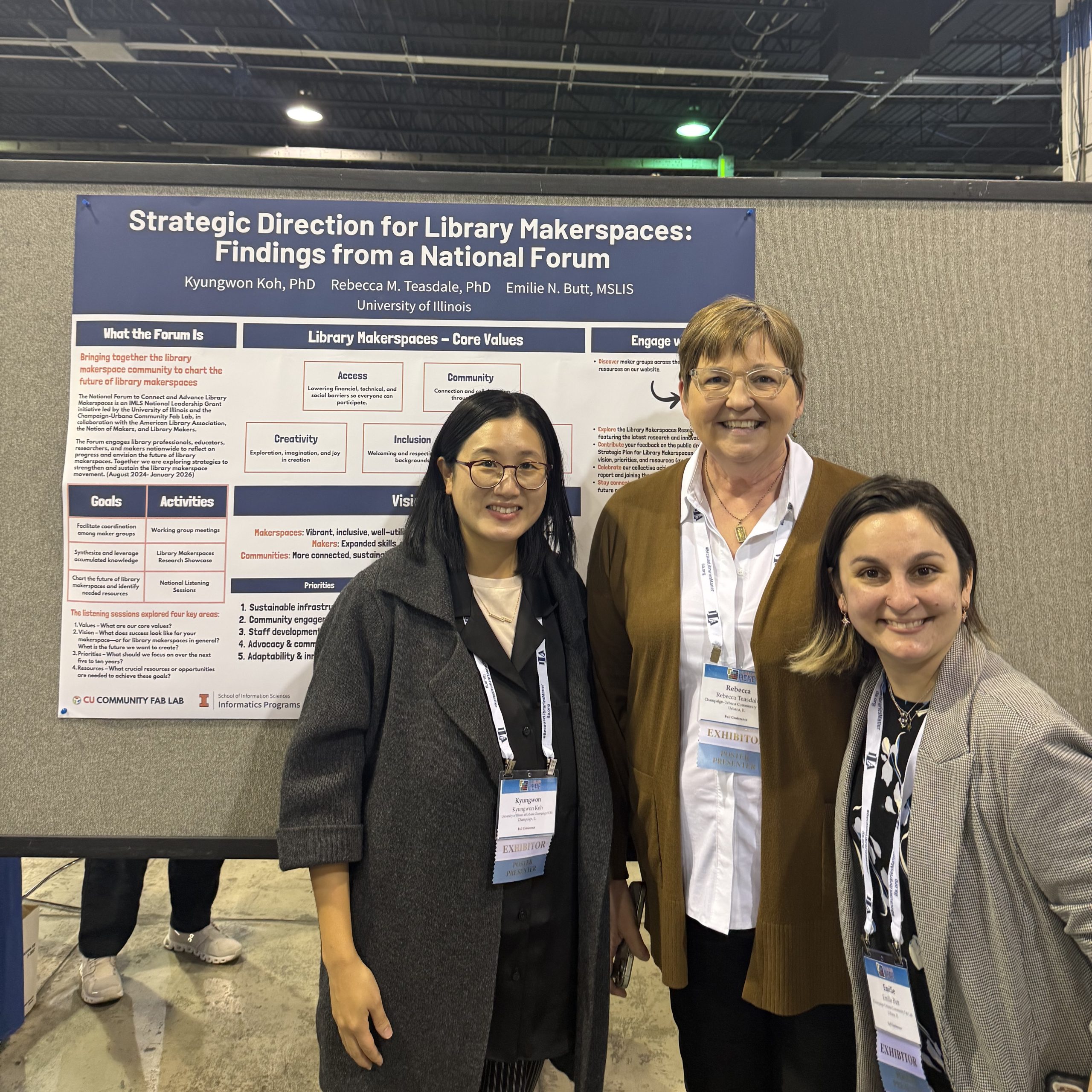 Principal Investigators and program coordinator stand in front of a research poster titles "Strategic Directions for Library Makerspaces: Findings from a National Forum"