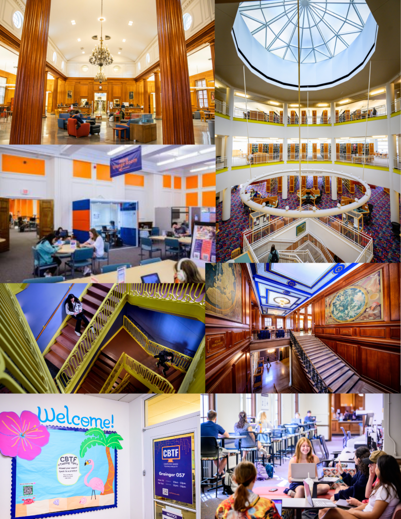 students in University of Illinois library spaces, including the Main Library, Funk ACES Library, the Orange Room, and Grainger Engineering Library