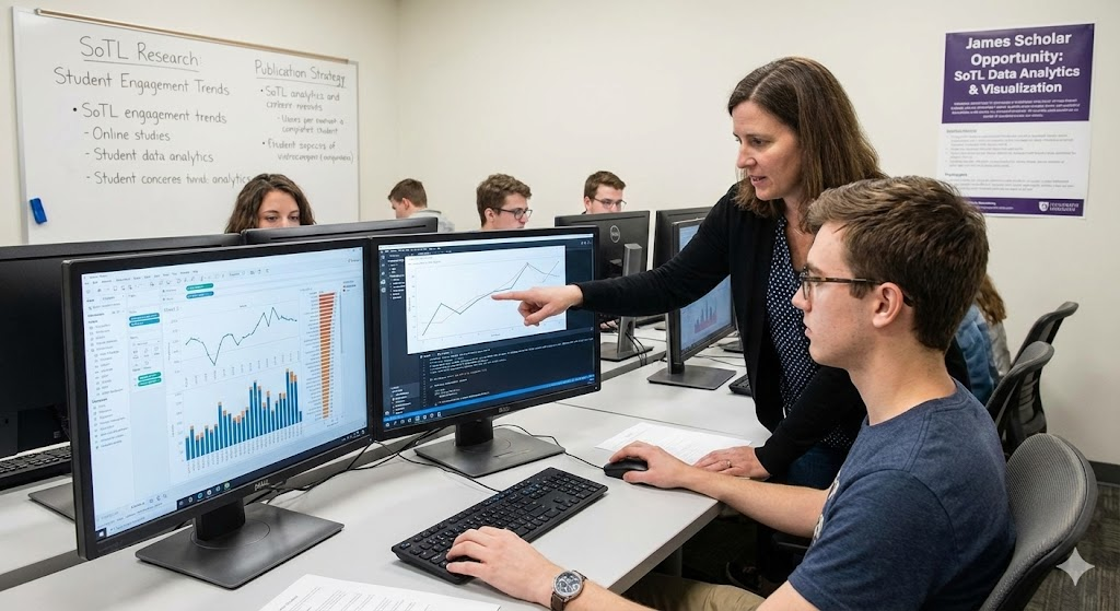 A promotional graphic featuring a student working on a laptop, analyzing colorful data visualizations such as bar charts and graphs that represent educational research. The text overlay reads: "James Scholar Opportunity: SoTL Data Analytics & Visualization."