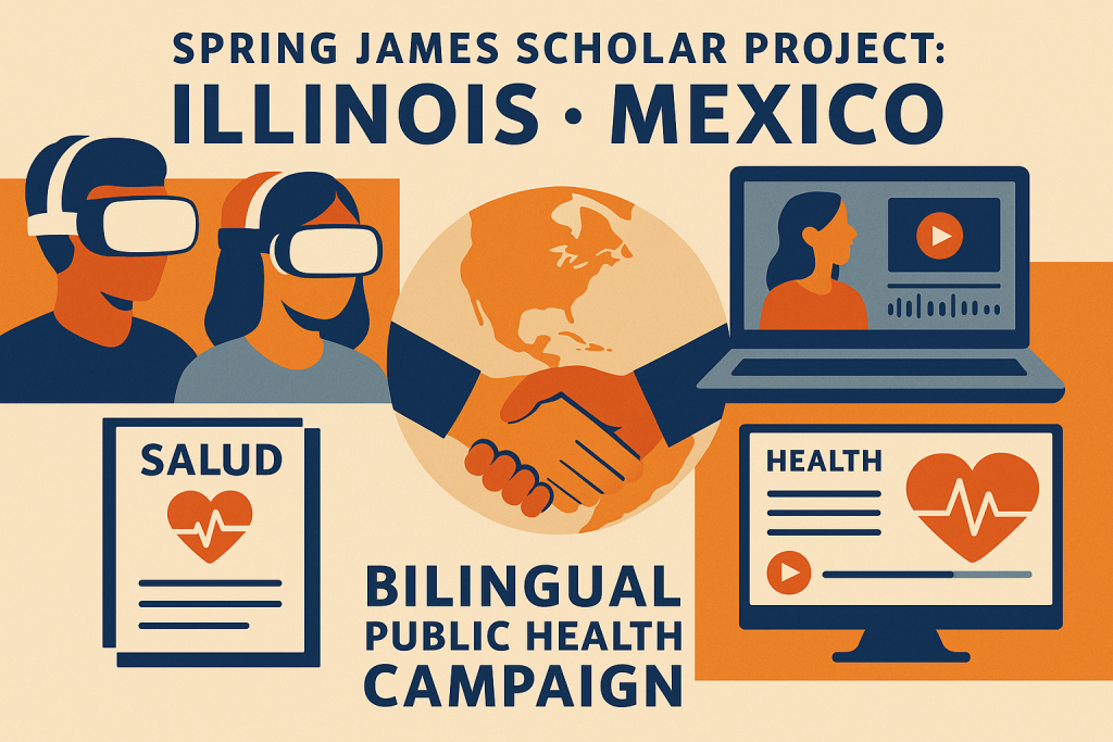 Illustration showing a collaborative Illinois–Mexico student project. Two students wearing VR headsets appear on the left, a handshake overlays a globe connecting the United States and Mexico in the center, and digital screens on the right display video editing and public health materials. Bilingual health flyers labeled in Spanish and English appear below, representing a joint public health campaign using VR analysis and multimedia revision.