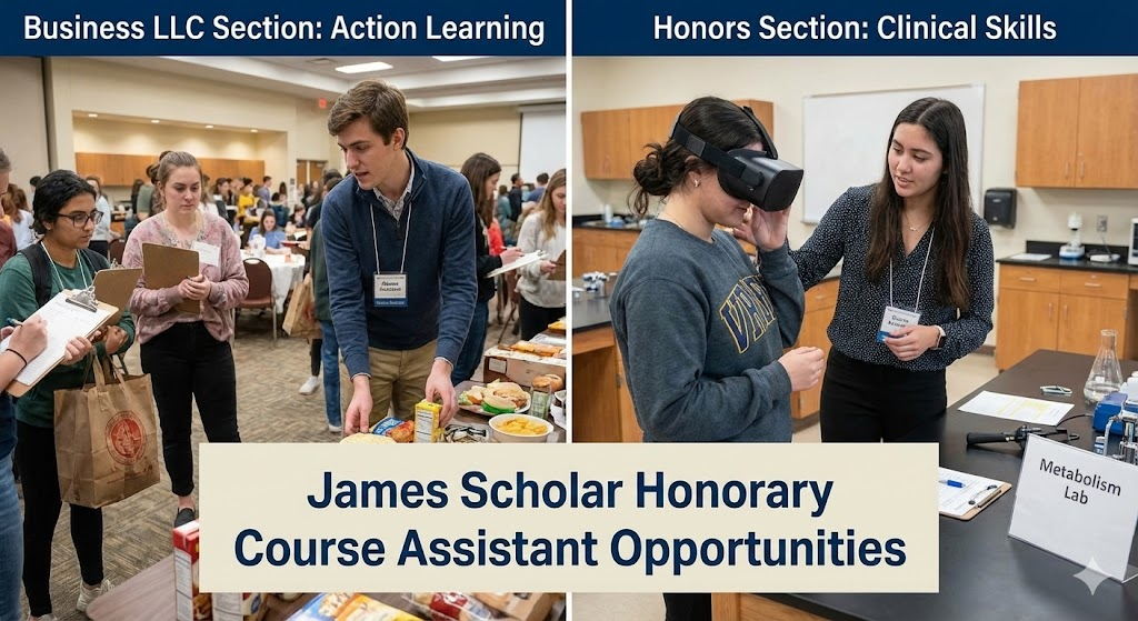 A split-screen promotional image highlighting two different James Scholar opportunities. On the left, labeled "Business LLC Section: Action Learning," a group of students is shown engaging in a hands-on activity with clipboards and food items. On the right, labeled "Honors Section: Clinical Skills," a student is pictured wearing a VR headset in a science lab environment while another student assists. The central text overlay reads: "James Scholar Honorary Course Assistant Opportunities."