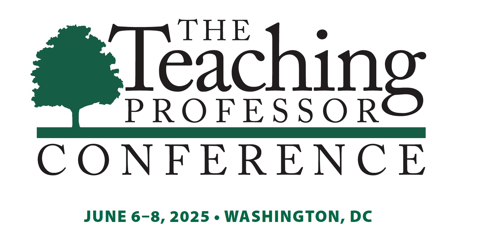 Logo of the 2025 Teaching Professor Conference, featuring a green tree beside black text, reading 