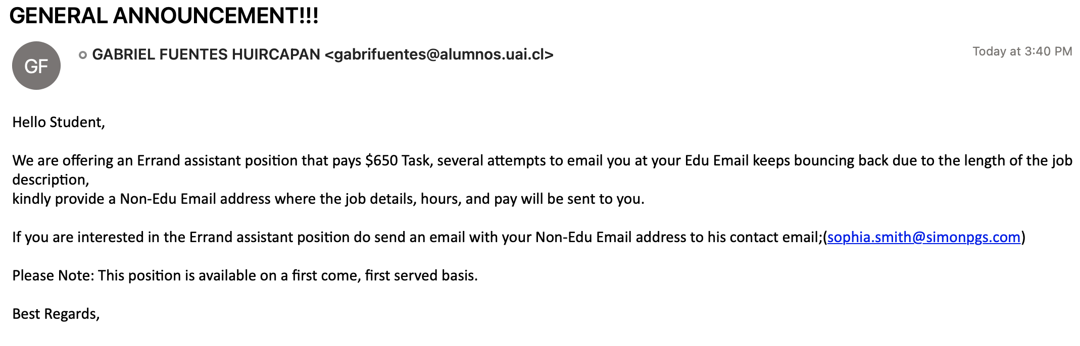Image of fake job offer targeting students for 'errand assistant' requesting non-educational email address.