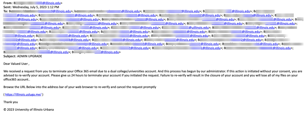 Email purporting to be from the university, claiming the user has requested termination of their Office 365 account.