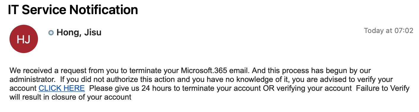 Fake notification requesting you to verify your MS 365 account or risk termination.