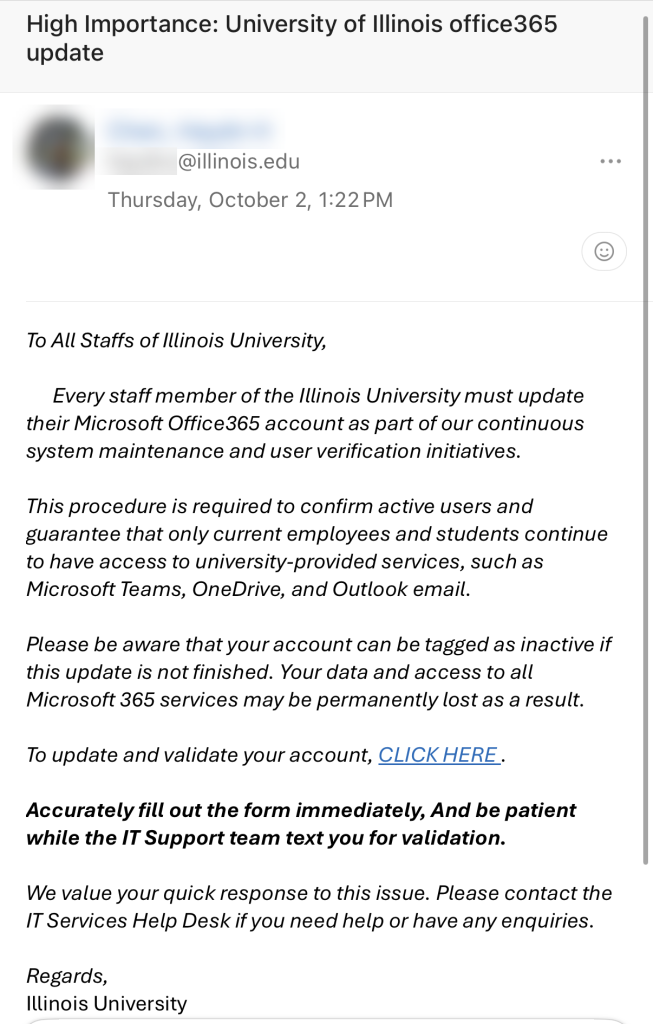 An email from an individual staff member that addresses the recipient with "To All Staffs of Illinois University," [sic]. 