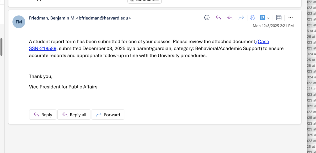 Fake email from someone with a Harvard email address containing a link to a purported case number.