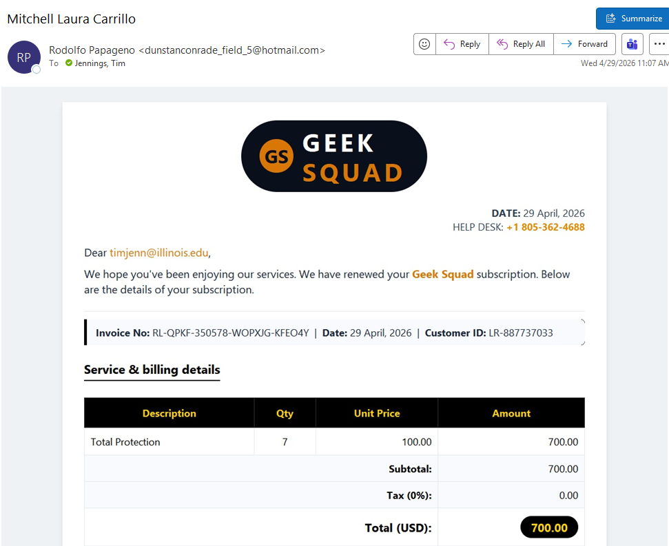 Fake invoice purporting to be from Geek Squad from a random Hotmail email address.