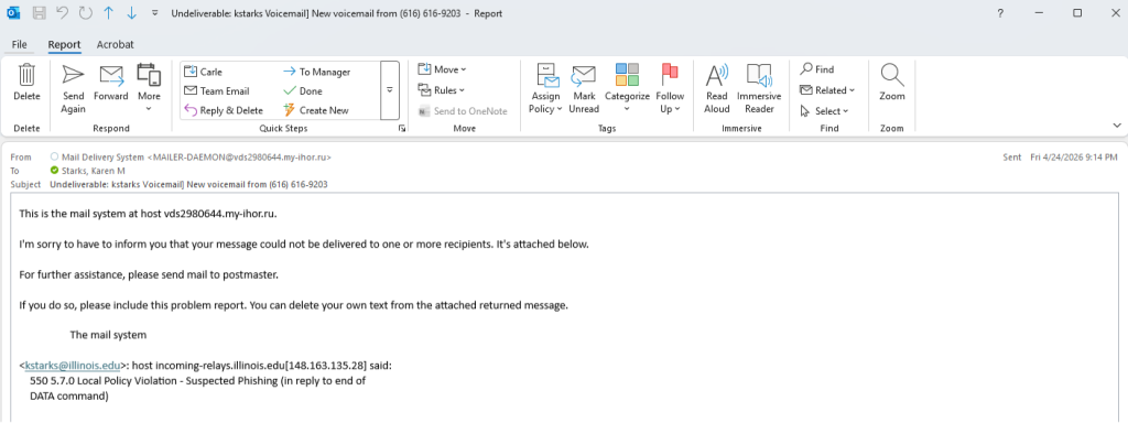 An email with subject "Undeliverable: [NetID] Voicemail | New voicemail from [redacted number] reading "This is the mail system at [redacted].my-ihor.ru. I'm sorry to have to inform you that your message could not be delivered to one or more recipients. It's attached below."