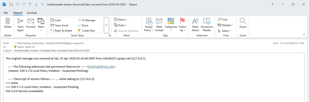 A follow-up message stating "The original message was received at [DATE]. The following addresses had permanent fatal errors..."