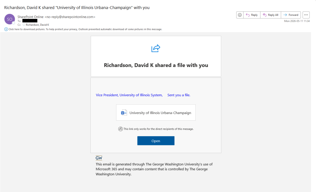 SharePoint Online notification of a shared file. It claims to be from a VIP and also claims to be generated through George Washington University.