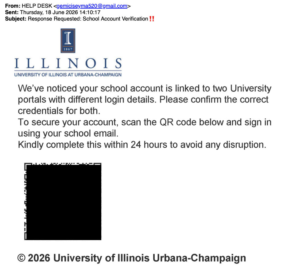 A fake email claiming to be from "HELP DESK" at a random Gmail account. It says "We've noticed your school account is linked to to University portals with different login details. Please confirm the correct credentials for both" and has a huge QR code to visit. It threatens to disrupt the account if action isn't taken.