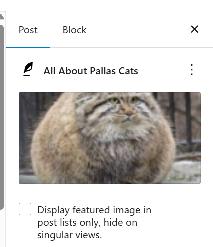 In the Post tab of a WordPress Block Editor post, the featured image of a Pallas cat is followed by an unchecked checkbox and the text 