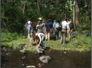 A group of people standing next to a small stream