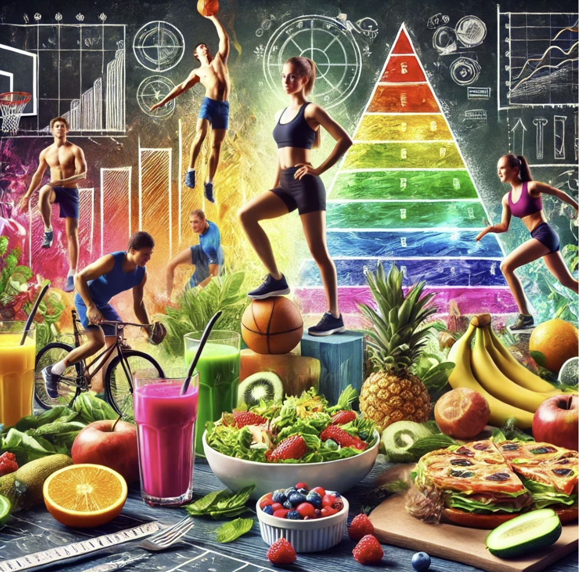 AI created image of athletes with data tables and graphs behind them. 