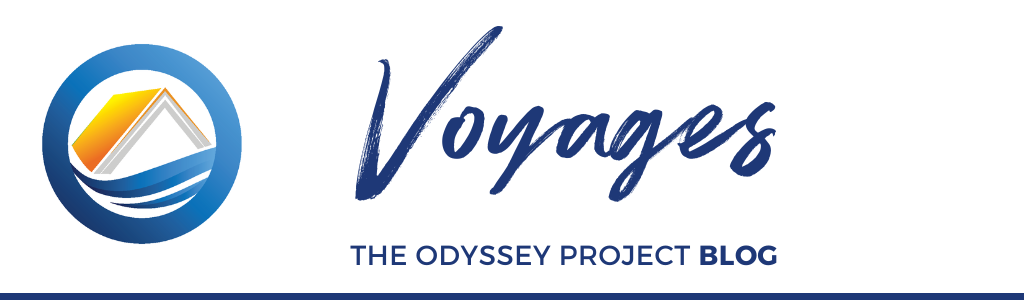 Banner image featuring Odyssey circular blue icon with an orange open book on waves, with dark blue text that reads "Voyages, the Odyssey Project Blog."