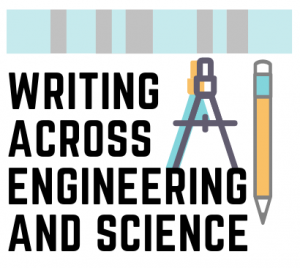 A logo for Writing Across Engineering and Science. The name of the group is on the left, with a blue and grey border on the top and illustrations of a drawing compass and pencil on the right.